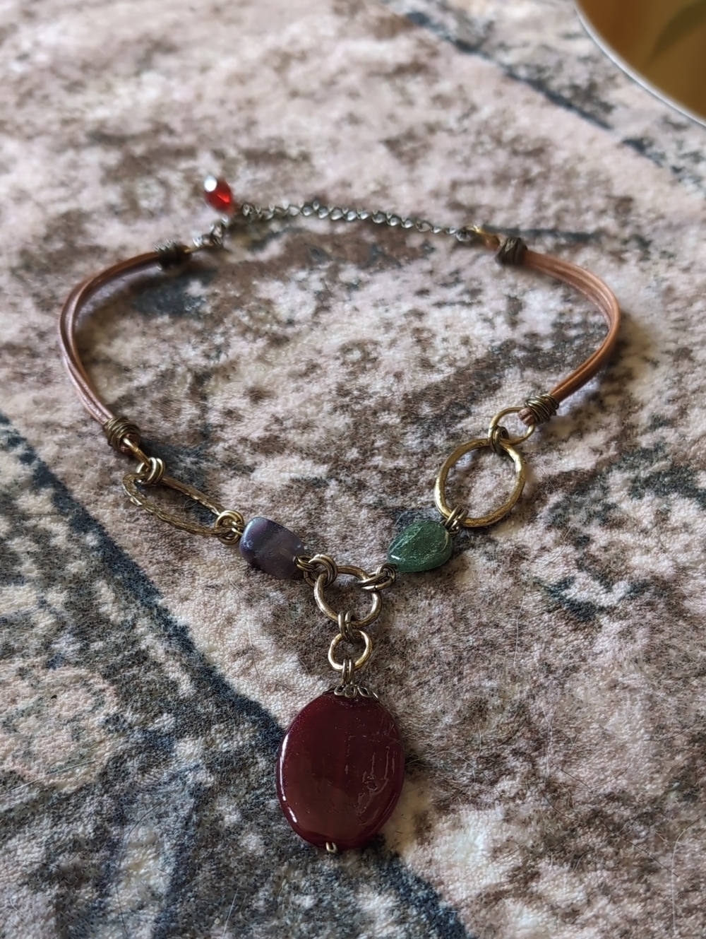 Vintage-Inspired Brown Cord Necklace with Red Pendant and Accent Beads - Picture 4 of 9